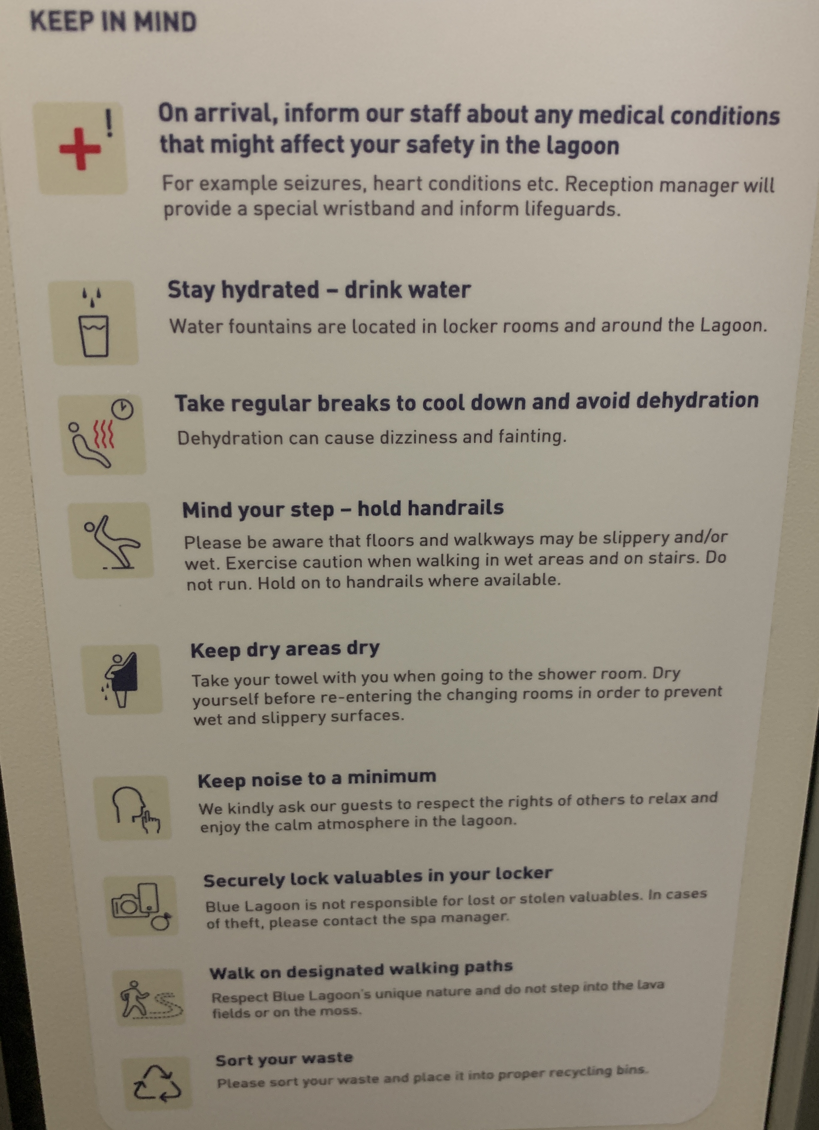 Safety tips on the inside of a locker at the Blue Lagoon