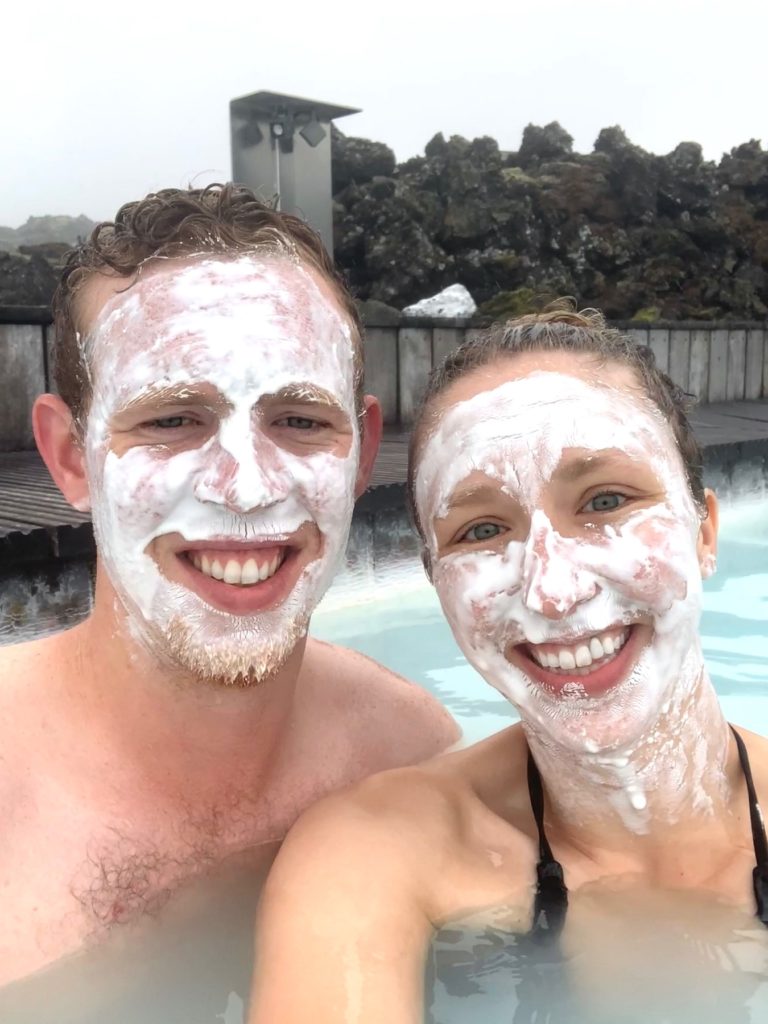 Mark & Amanda with white Silica Mud Masks on our faces in the Blue Lagoon