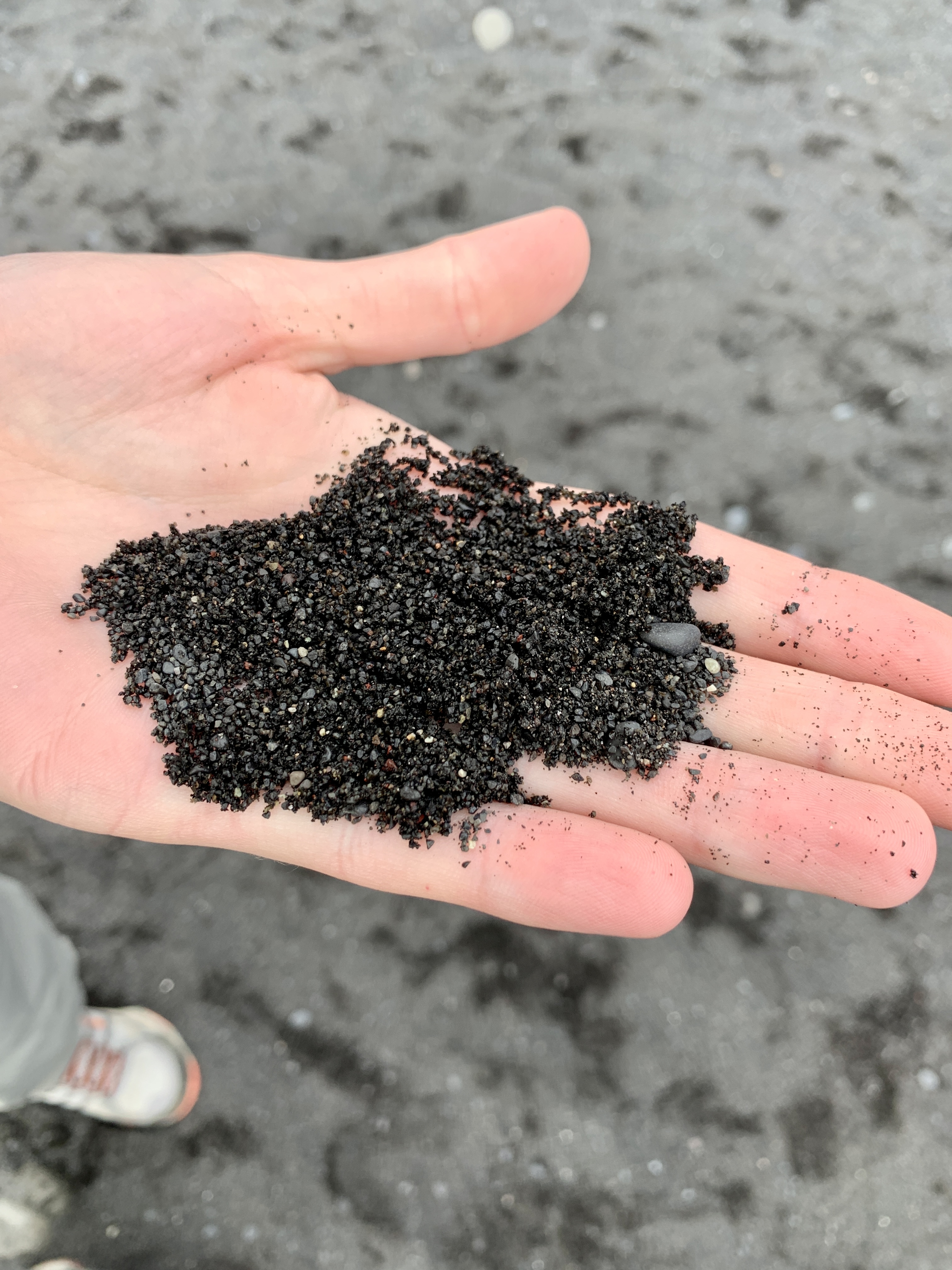 Mark holding a handful of the black sand